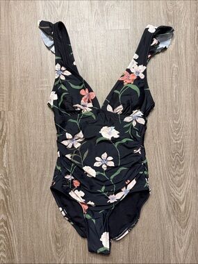 Floral Ruched One-Piece Swimsuit - Black